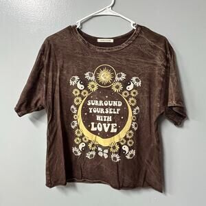 hippie love acid wash brown cropped tee size small summer‎